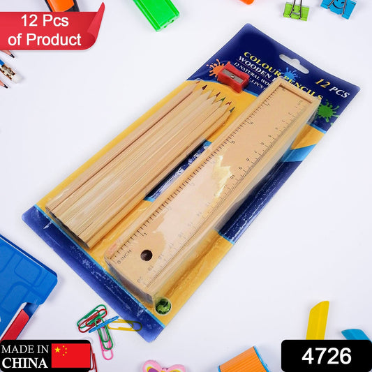 Colorful Wooden Pencil Set with Pencil box, Ruler, Sharpener (12 Pcs Set) signaturekarts