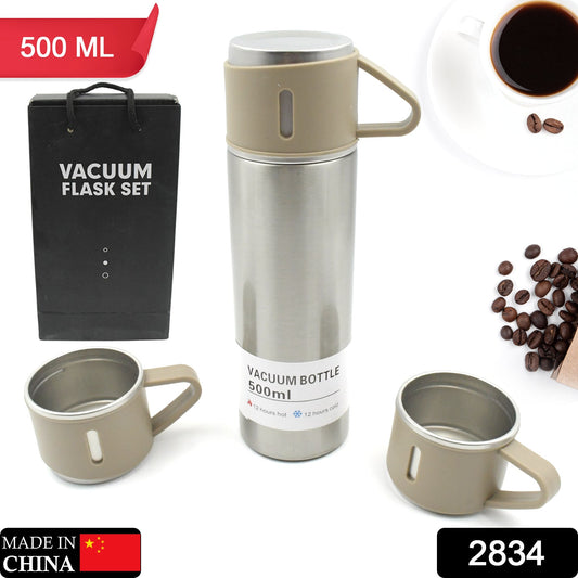 Stainless Steel Vacuum Flask Set with 3 Steel Cups Combo for Coffee Hot Drink and Cold Water Flask Ideal Gifting Travel Friendly Latest Flask Bottle. (500ml) Signature Kart
