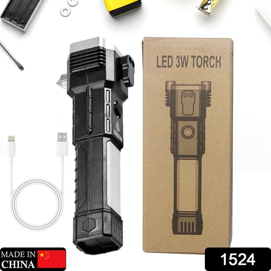 Portable 3W Rechargeable LED Torch with Long Beam, Hammer & Glass Cutter signaturekarts