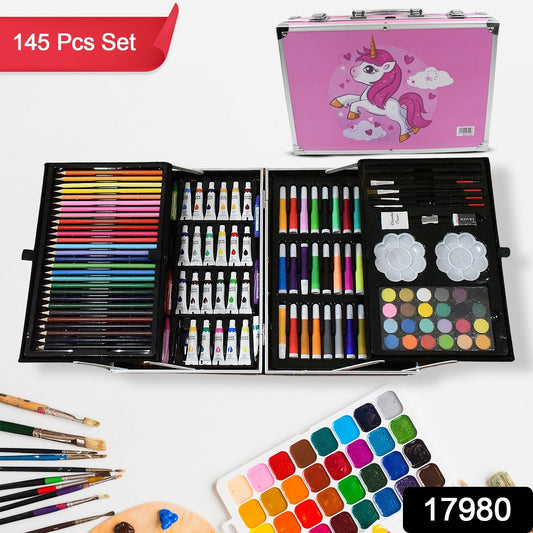 17980 Professional Art Set-Drawing Painting Sketching Coloring Kids Set All in 1 Art Case Perfect for Kids with Unicorn Design Case, Shading Crayons Oil Pastels Color Set Watercolor Cakes Paint Brush Sharpener Eraser (145 Pcs Set) signaturekarts