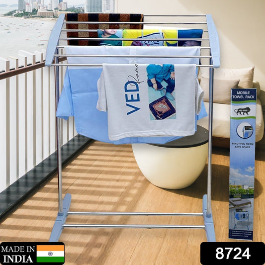 Multi-Functional Single Tier Mobile Towel Foldable Rack for Cloth and Towel / Stainless Steel and Plastic Made Mobile Towel and Cloth Rack Holder Indoor / Outdoor Standing Movable Cloth Dryer Rack, Balcony Cloth Drying Stand signaturekarts