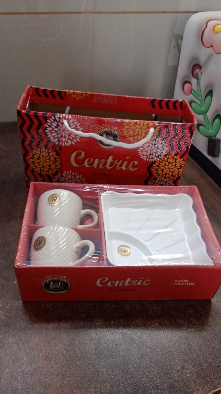 Cerntric Ceramic Tea Cup With Plastic Square Shape Serving Platter Milk Cup 3pc Set Signature kart