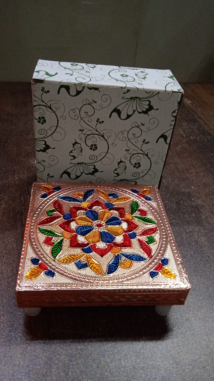 1 Pc Meenakari Wooden Chowki & Bajot Set: For Home & Office Puja (Multicolor) signaturekarts