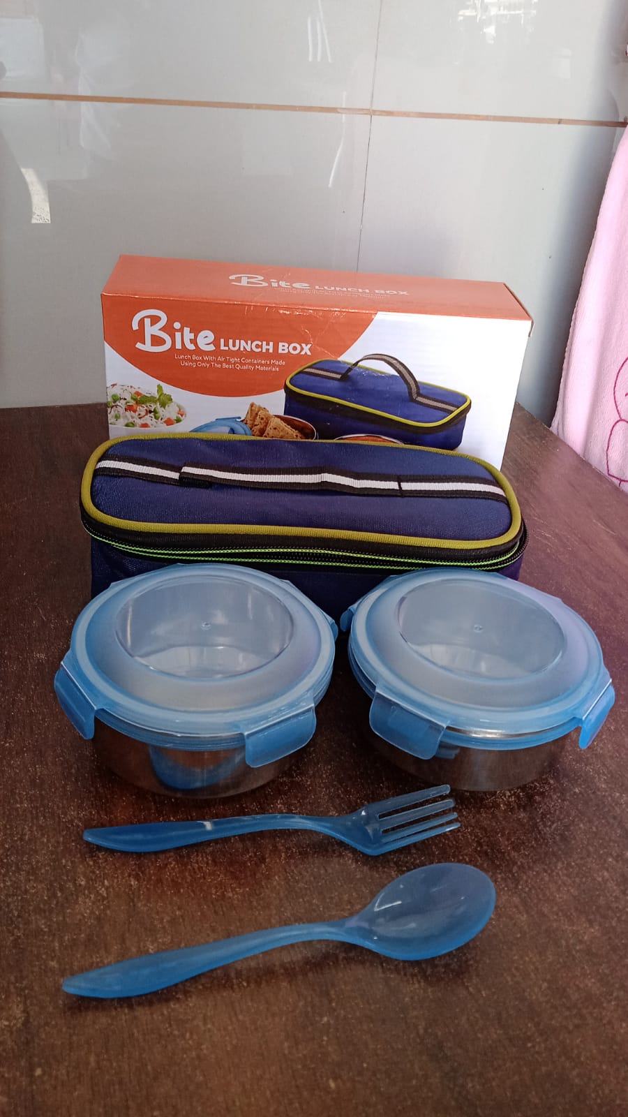 Bite Lunch Box, with Insulated Fabric Lunch Bag & Plastic Spoon, Fork Signaturekarts