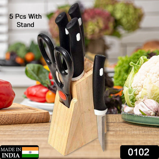 Kitchen Knife Set with Wooden Block and Scissors (5 pcs, Black) signaturekarts
