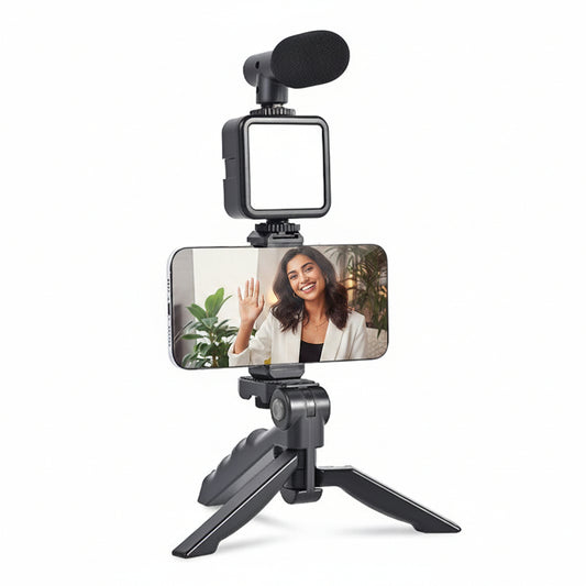 6054 Vlogging Kit For Video Making With Mic Mini Tripod Stand Led Light Phone Holder Clip For Making Videos
