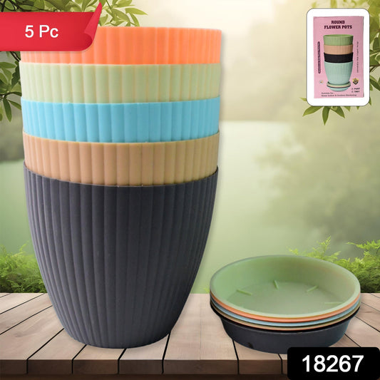 Round Plastic Flower Pot with Bottom Tray (5 Pcs Set / With Color Box) signaturekarts