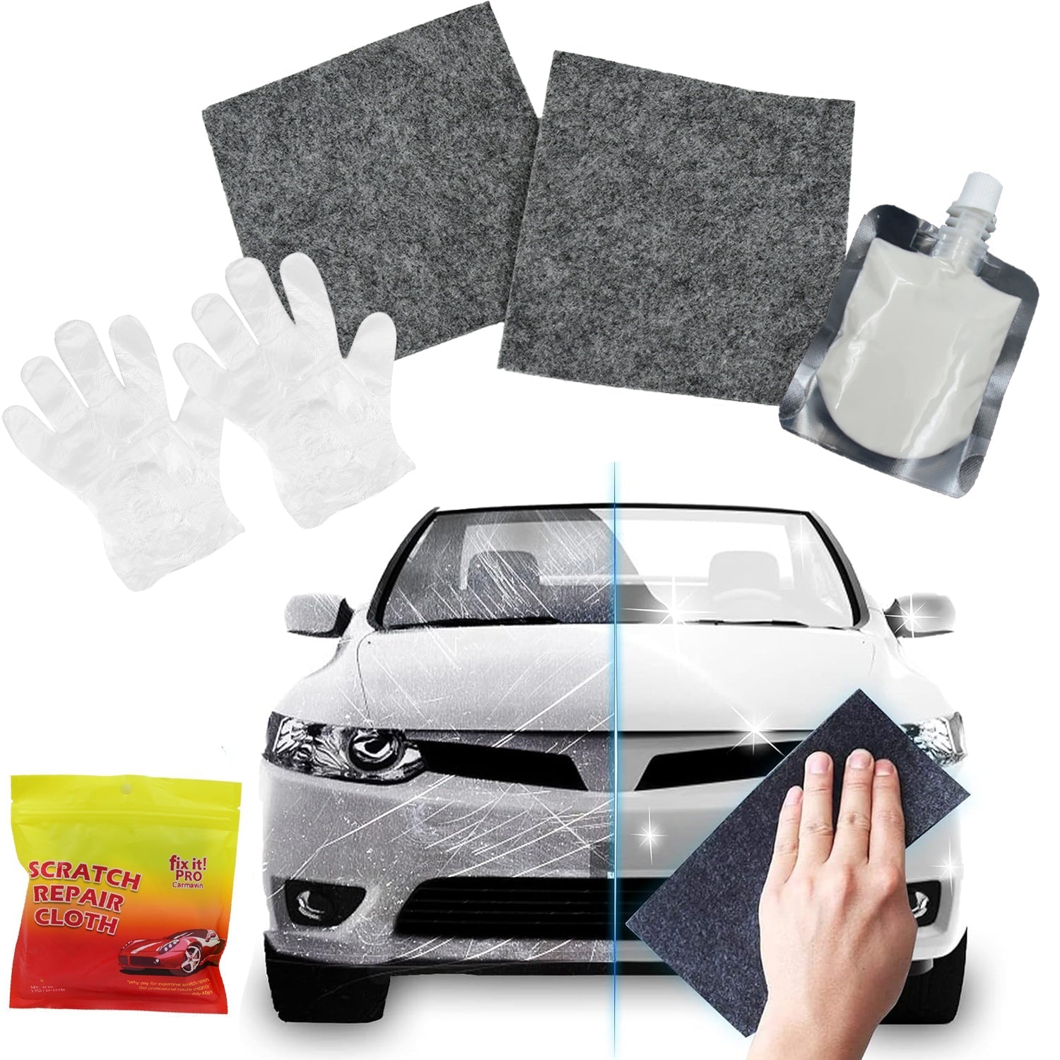 Nano Magic Car Scratch Remover Cloth, Multipurpose Scratch Repair Cloth, Cloth for Car Paint Scratch Repair, Easy to Repair Slight Scratches on the Surface Polishing Repeatable Use for All Kinds of Car (45 ML Repair Solution, 2 Gloves, 2 nano Cloth) signaturekarts