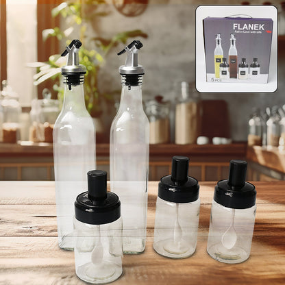 Transparent Glass Oil Dispenser 500 ML Bottle Set of 2, Spice Jar 250 ML Set of 3, Oil Bottle for Kitchen, Oil & Vinegar Storage Glass Bottle, Glass Container for Spice, Masala (5 Pcs Set) signaturekarts