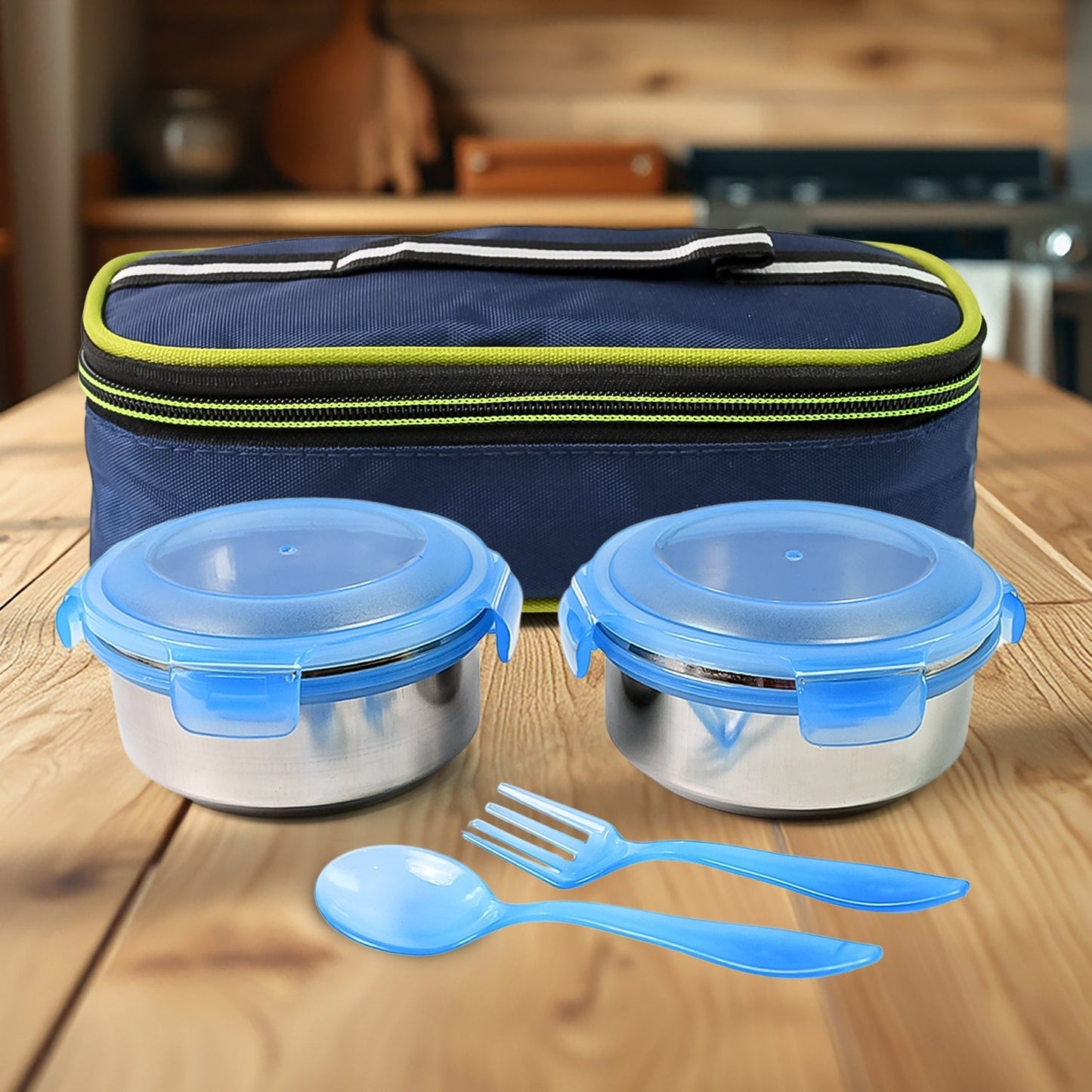 Bite Lunch Box, with Insulated Fabric Lunch Bag & Plastic Spoon, Fork Signaturekarts