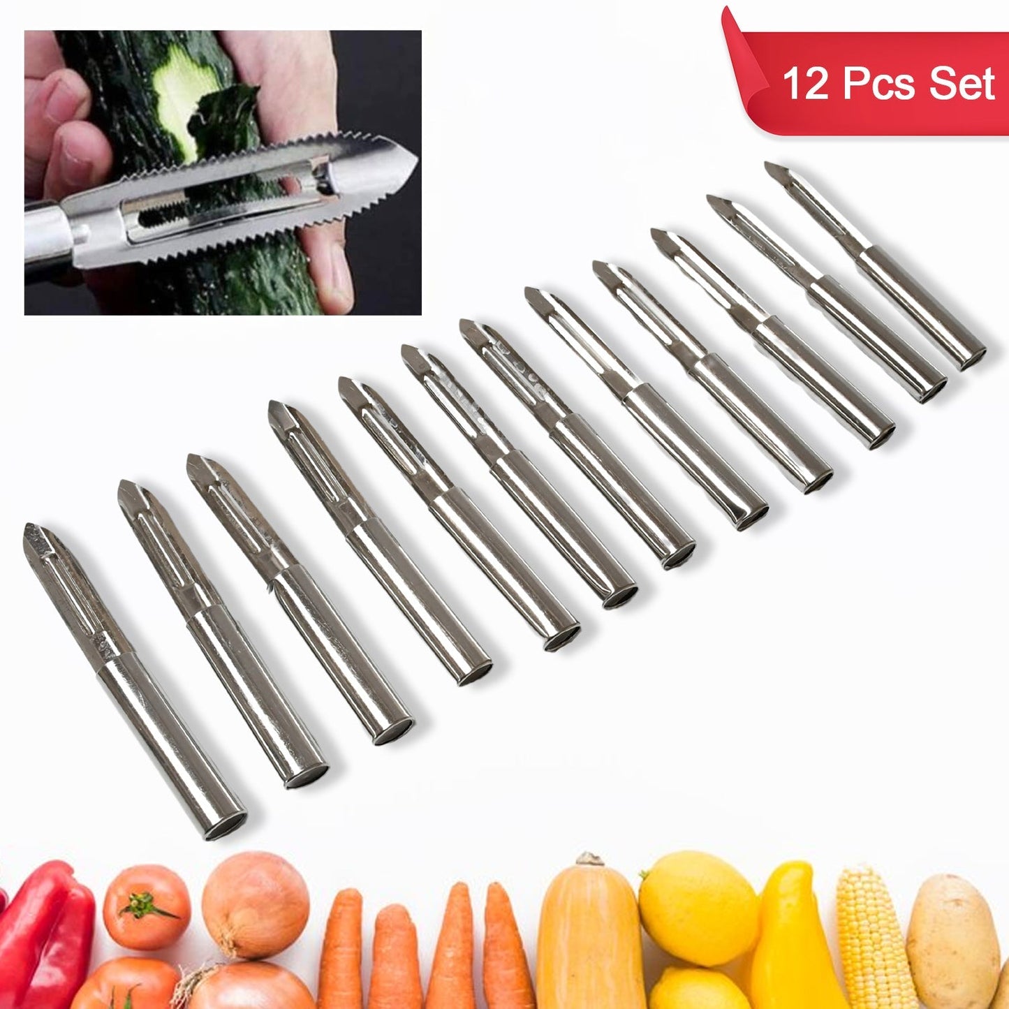 Stainless Steel Peeler Set – Multi-Purpose Handle for Peeling & Shredding(12 Pc) signaturekarts