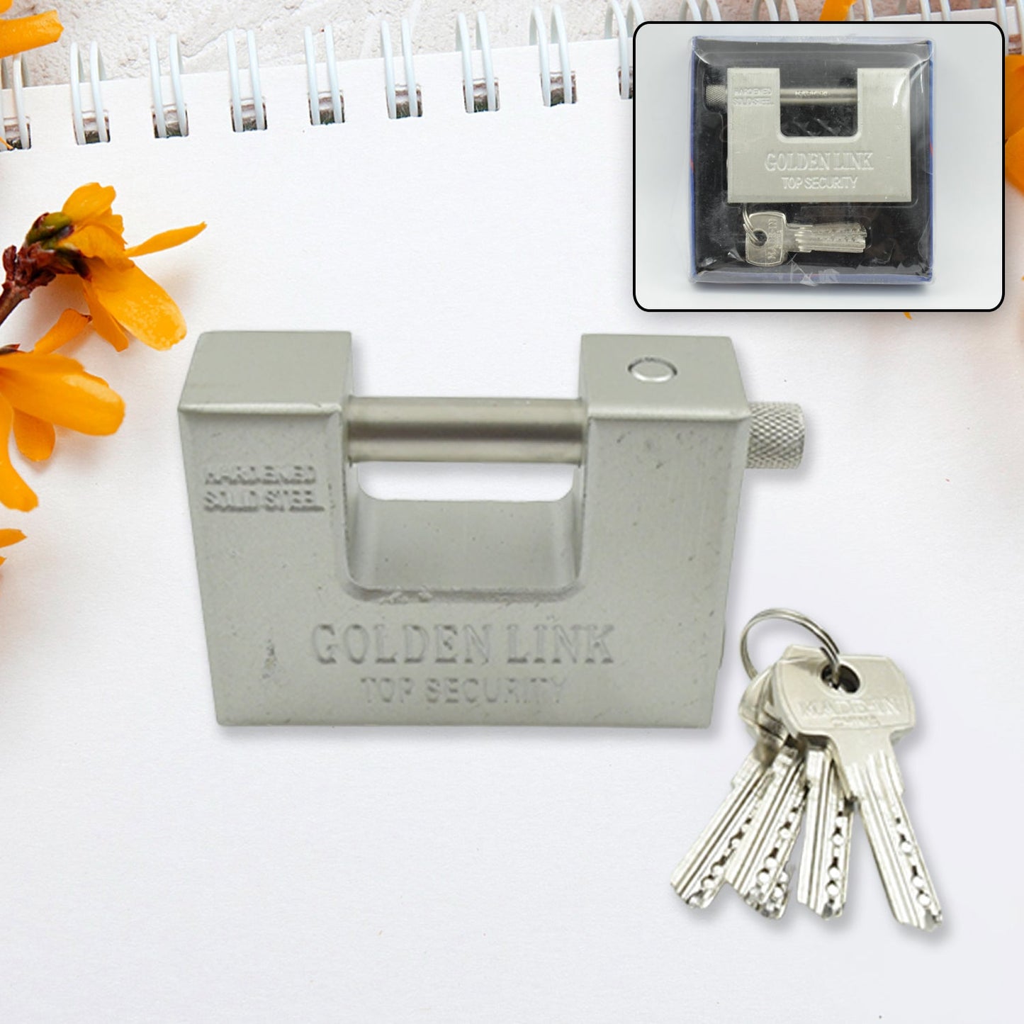 94mm Stainless Steel Padlock: Rectangular, Hardened Steel, 5 Keys signaturekarts
