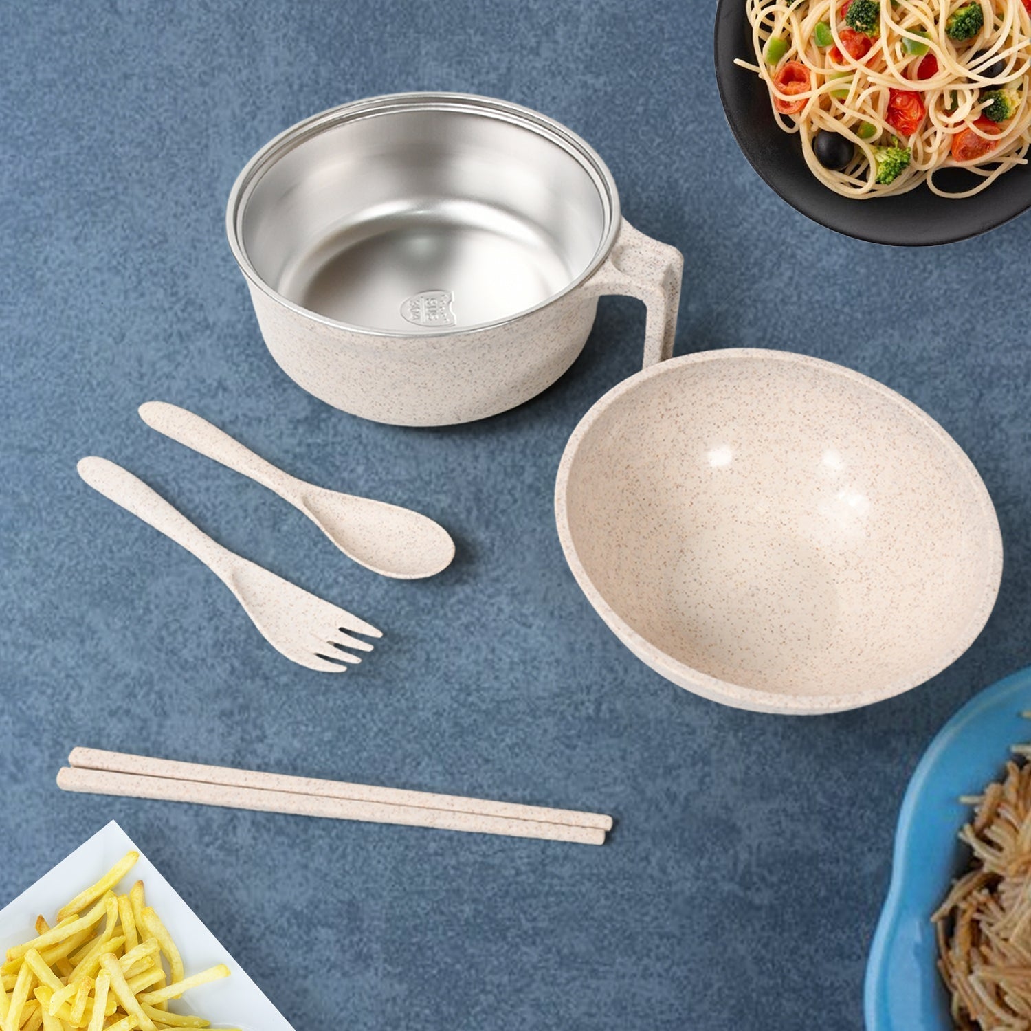 Rice Bowl Noodle Set – 6 Pcs with Lid, Handle & Cutlery signaturekarts