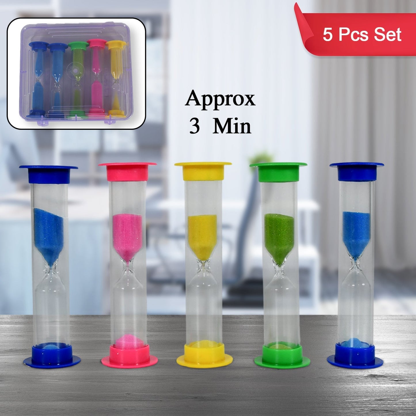 Plastic Hourglass Sand Timer Set – 3-Min Sand Clock for Kitchen, Office & Kids (5 Pc) signaturekarts