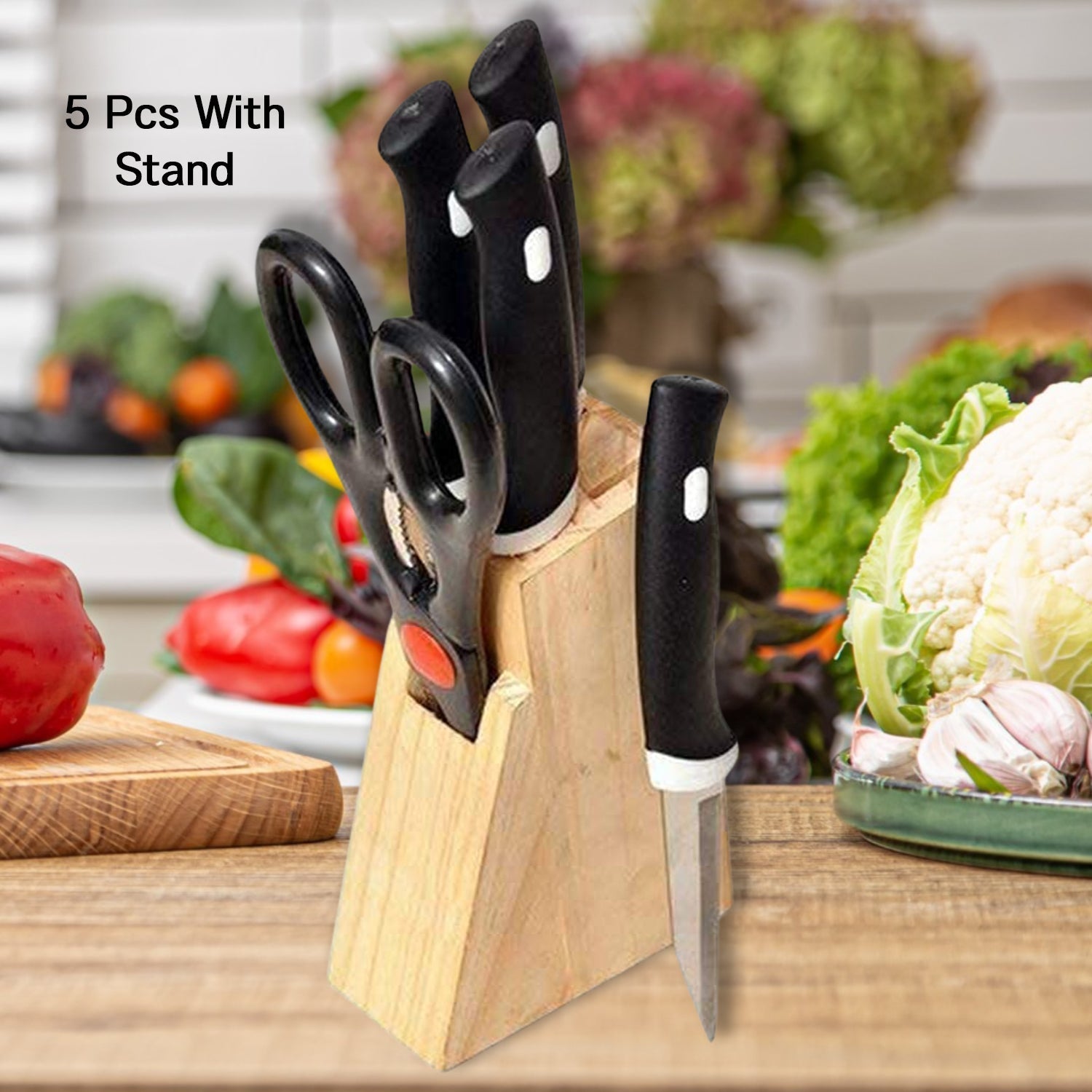 Kitchen Knife Set with Wooden Block and Scissors (5 pcs, Black) signaturekarts