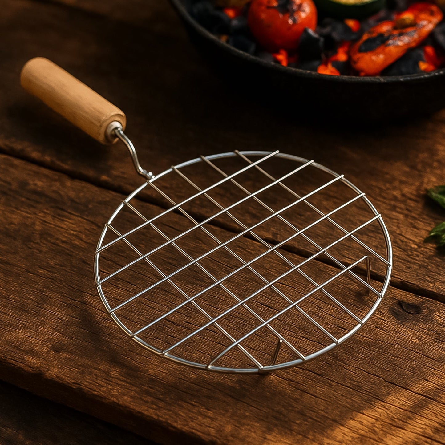 Kitchen Round Stainless Steel Roaster Papad Jali, Barbecue Grill with Wooden Handle Signature Kart