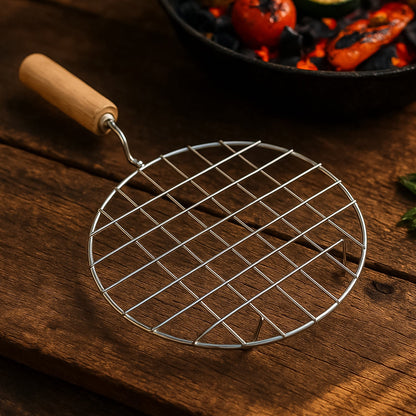 Kitchen Round Stainless Steel Roaster Papad Jali, Barbecue Grill with Wooden Handle Signature Kart