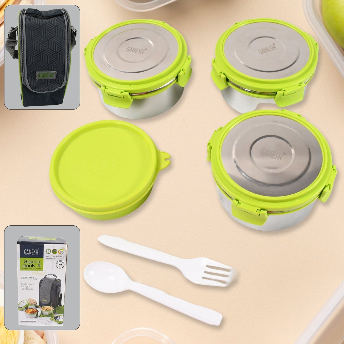 Stainless Steel Tiffin Lunch Box Container / Dabba with 4 Side Clip Lock Lid signaturekarts