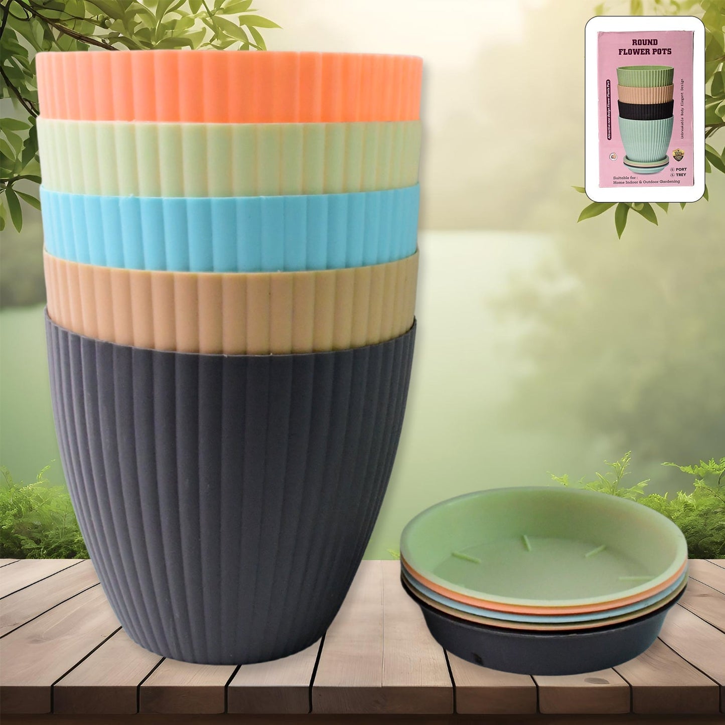 Round Plastic Flower Pot with Bottom Tray (5 Pcs Set / With Color Box) signaturekarts
