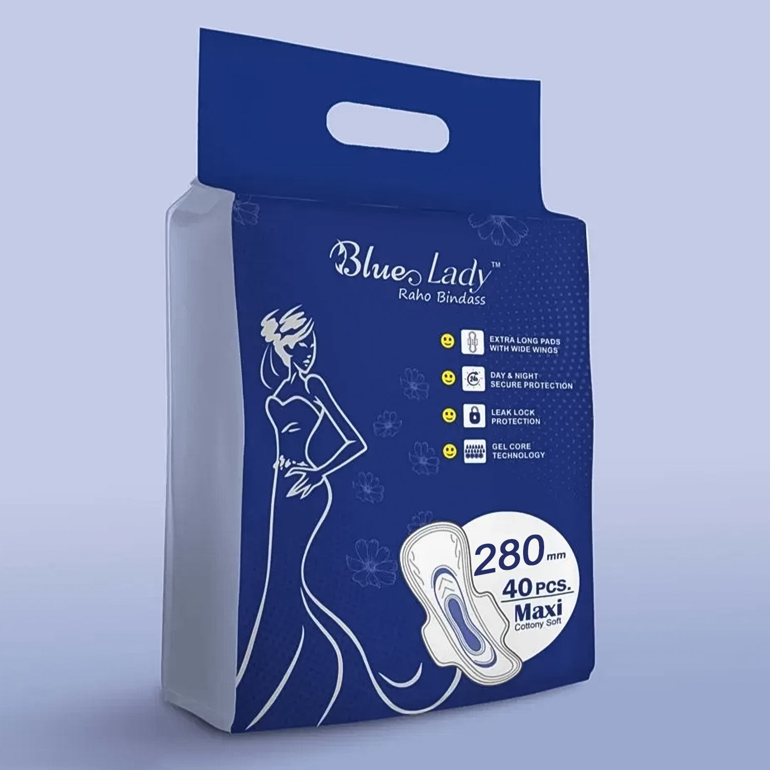 Beautiful Basics Blue Lady Long Pads With Wides Wings Sanitary Pads – 280 mm, 40-Pack signaturekarts