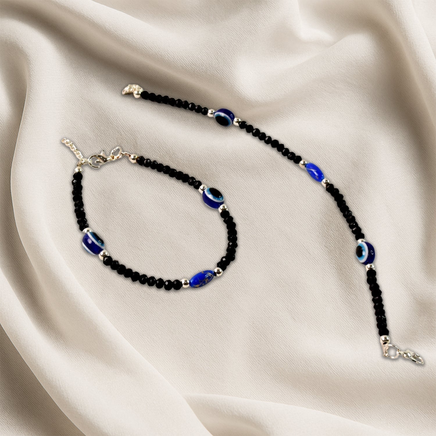 Adjustable Black Bead Evil Eye Protection Bracelet Set (2 Pc) Signature Kart