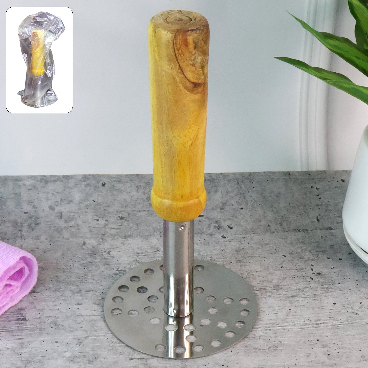 Stainless Steel Potato Masher, Pav Bhaji Masher with wooden handle Signature Kart