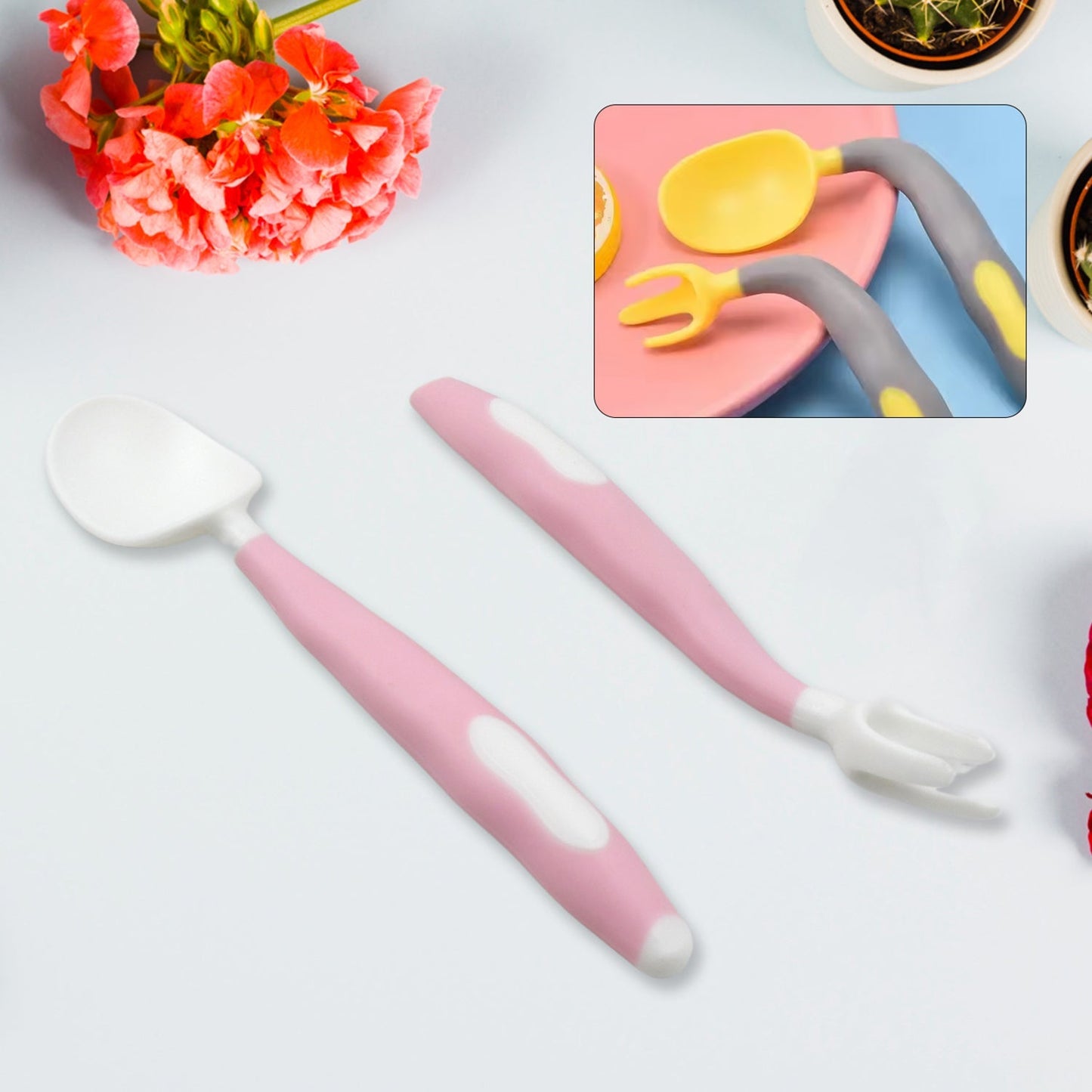 Silicone Bendable Kids Spoon & Fork Set – Toddler Self-Feeding Utensils (2 Pc Set) signaturekarts