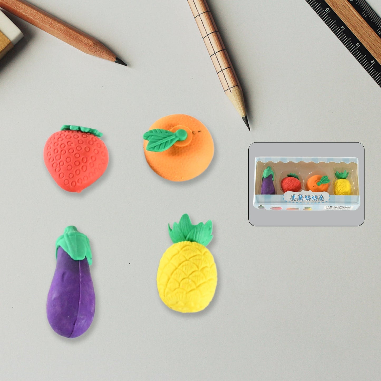 Mini Cute Veg & Fruit Erasers – 3D Colorful Eraser Set for Kids (4 Pc) signaturekarts