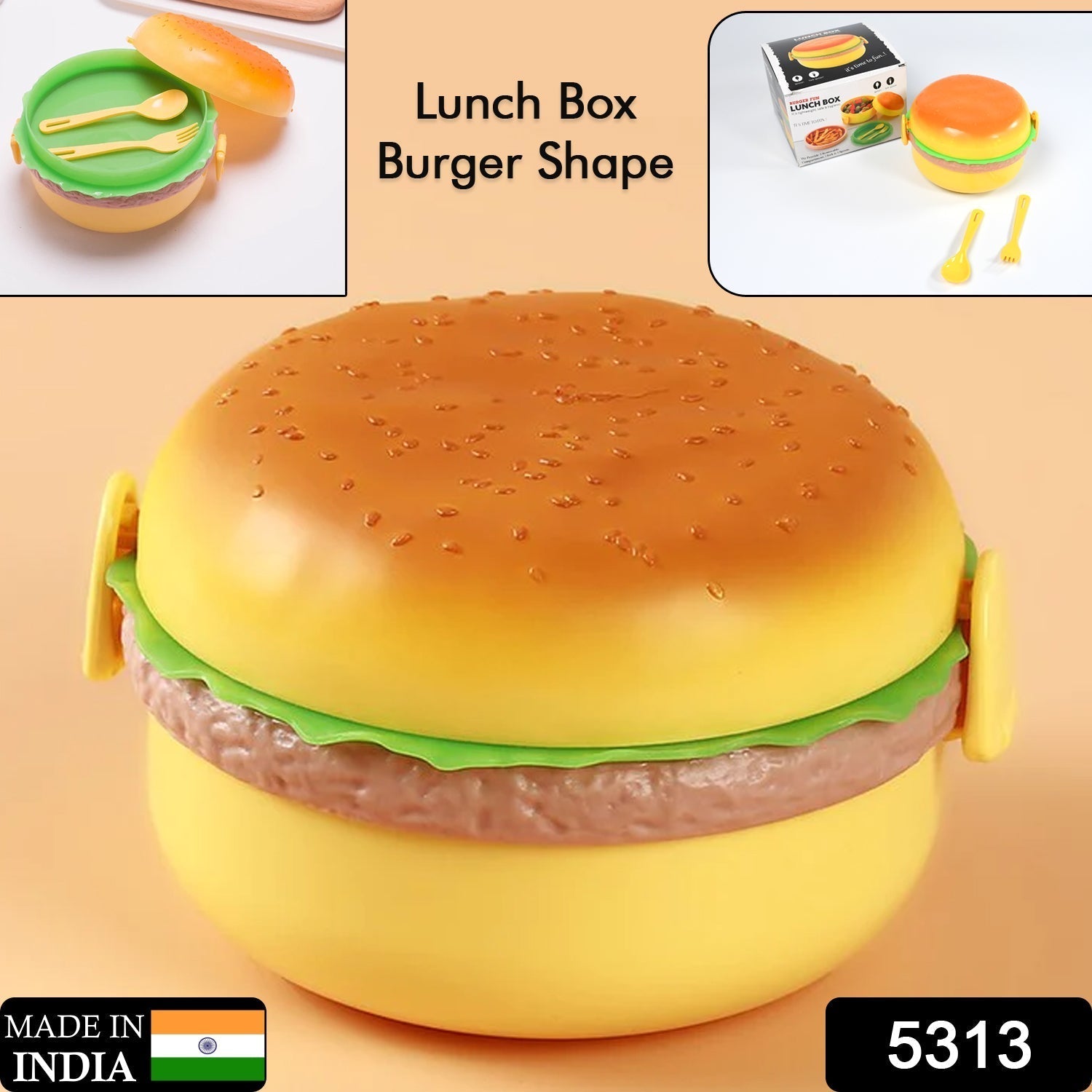Burger Shape Lunch Box – Double Layer 1000ml Food Container with 2 Spoons for Kids signaturekarts