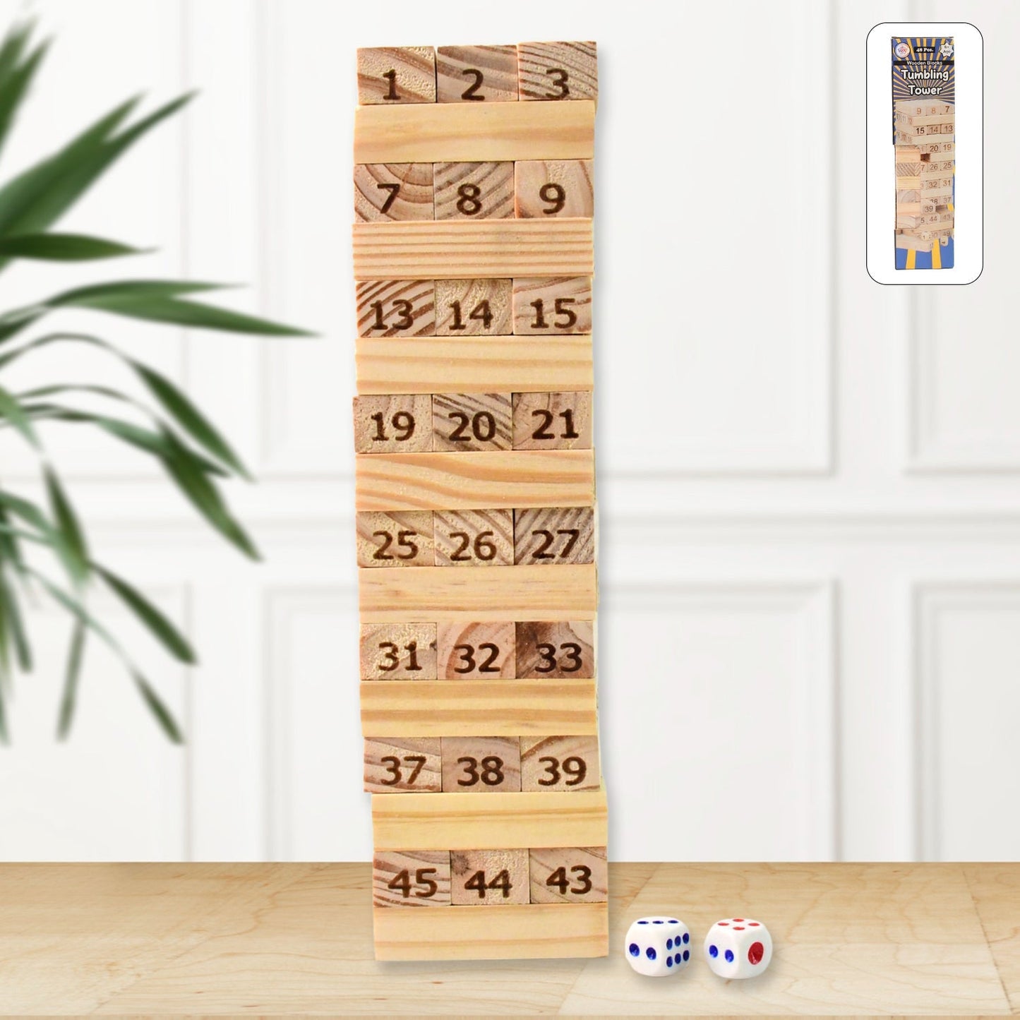 Wooden Tumbling Stacking Tower Game, Zenga tower (48 Pcs Blocks 2 Dices) Signaturekarts