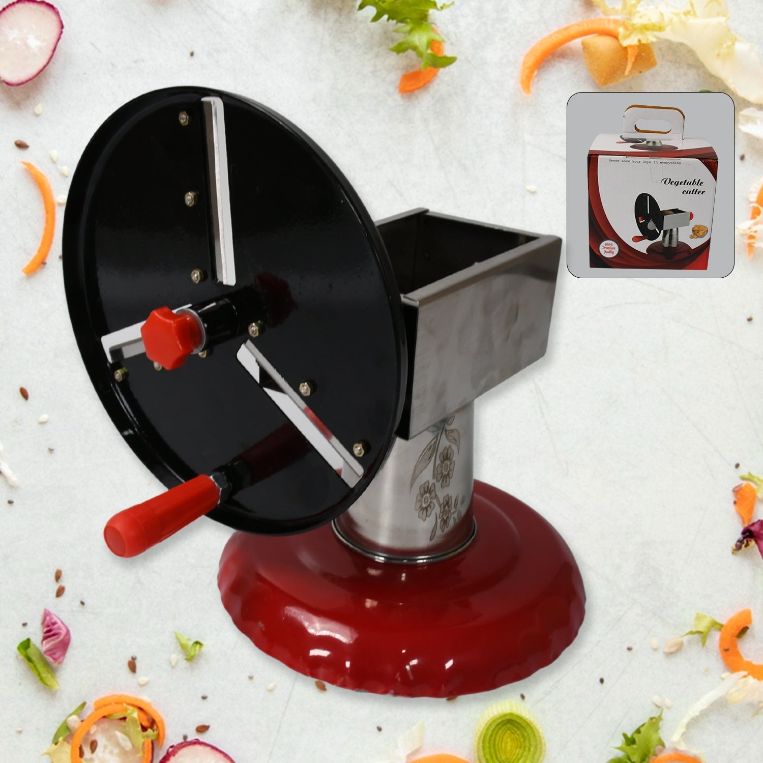 Stainless Steel Chips Maker and Vegetable Slicer for Kitchen Potato Slicer Graters and Chippers. Chips Maker is Suitable for Vegetable Cuttings. Chips Maker Consist Hard Coated Iron Wheel and Stand. signaturekarts