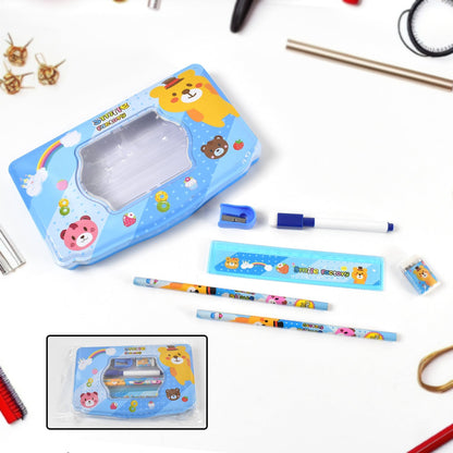 Cartoon Metal Compass Box for Kids with Stationery (6 Pc Set) signaturekarts