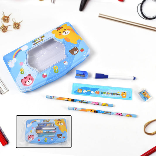 Cartoon Metal Compass Box for Kids with Stationery (6 Pc Set) signaturekarts