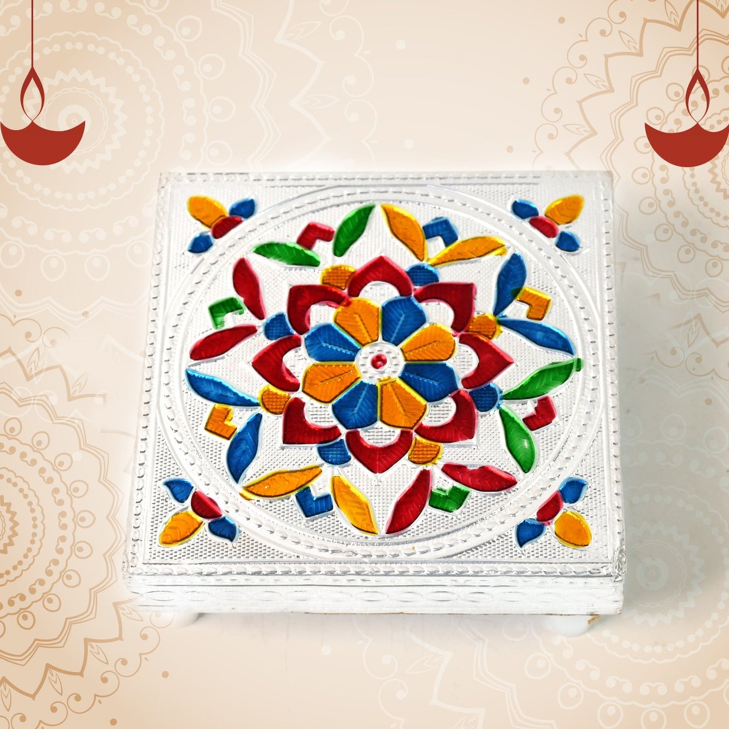 1 Pc Meenakari Wooden Chowki & Bajot Set: For Home & Office Puja (Multicolor) signaturekarts