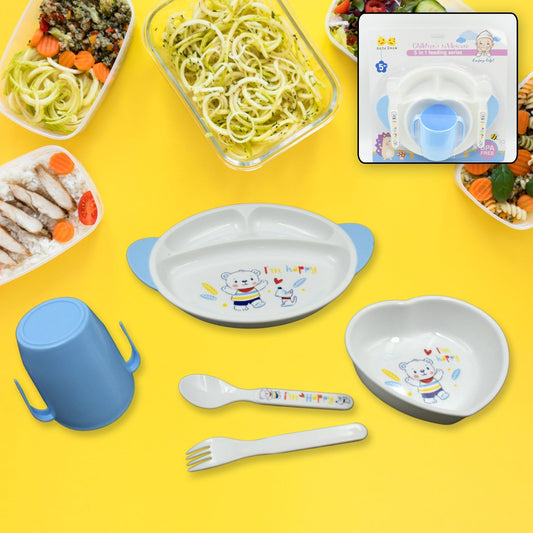 5in1 Baby Feeding Set for Kids and Toddlers,Children Children Dinnerware Set - Feeding Set for Kids, Cartoon Design Plate, Cup, Spoon, Fork  Tableware Cutlery for Kids Microwave (5 Pcs Set) signaturekarts