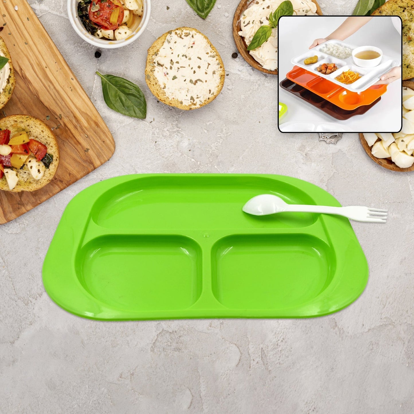 Biodegradable 3-Compartment Plastic Food Plate with Spoon for Snacks (1 Pc) signaturekarts
