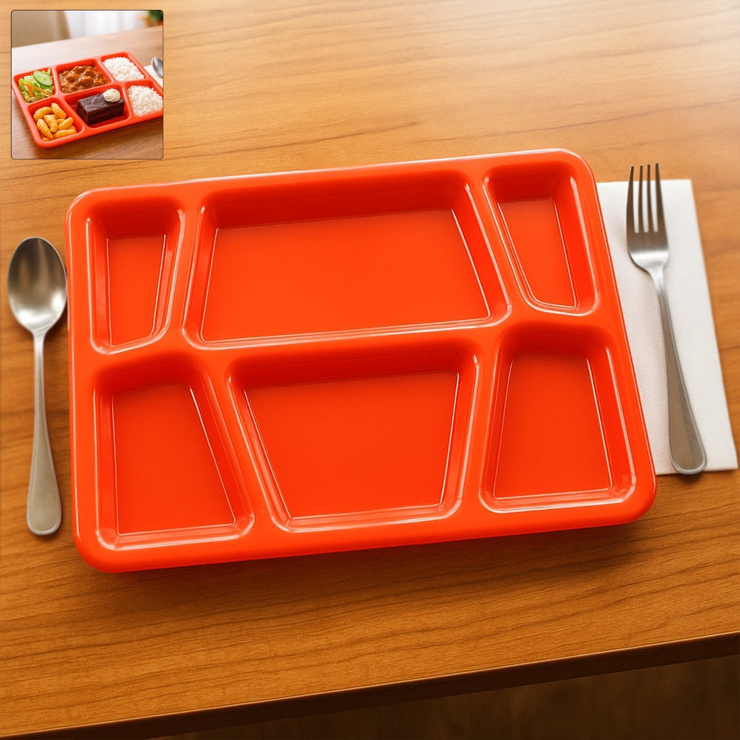 Plastic Multi-Compartment Rectangular Meal Serving Tray / Plate (1 Pc / Red) signaturekarts