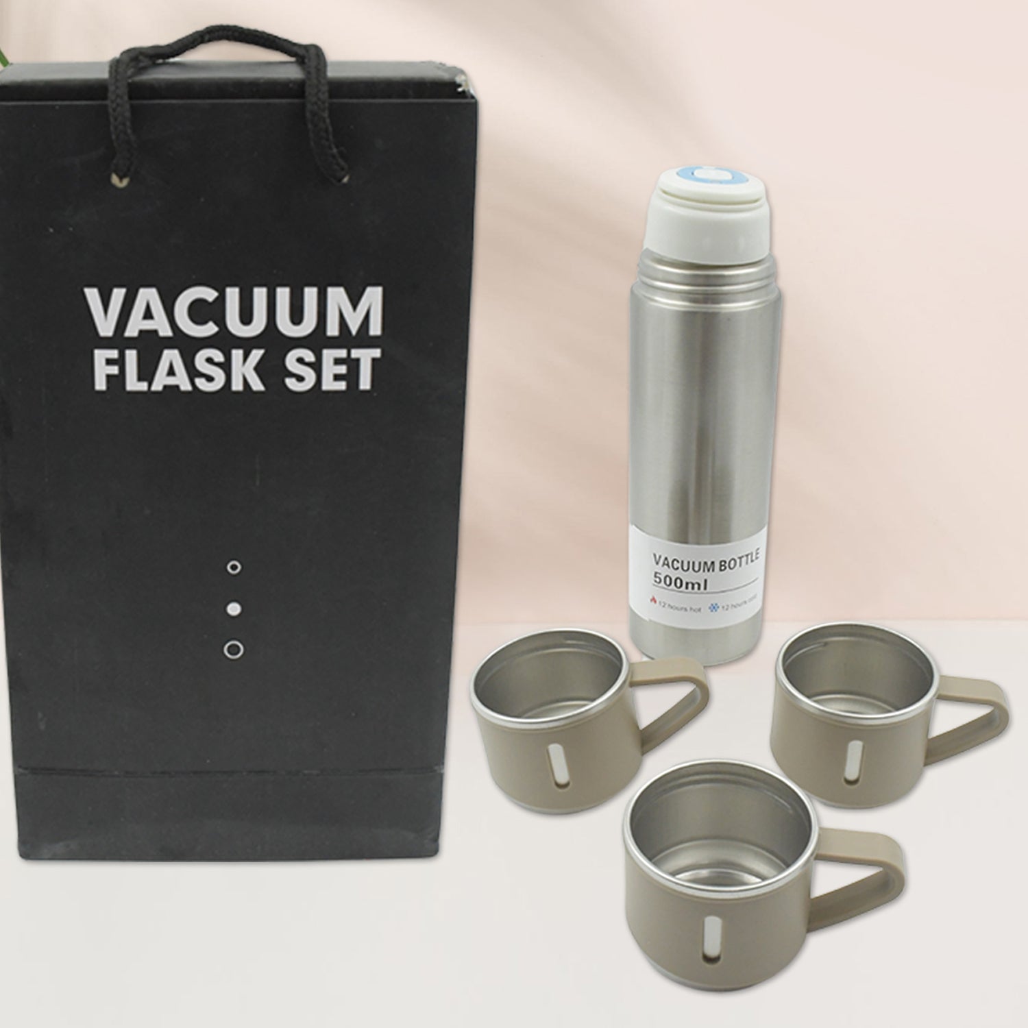 Stainless Steel Vacuum Flask Set with 3 Steel Cups Combo for Coffee Hot Drink and Cold Water Flask Ideal Gifting Travel Friendly Latest Flask Bottle. (500ml) Signature Kart