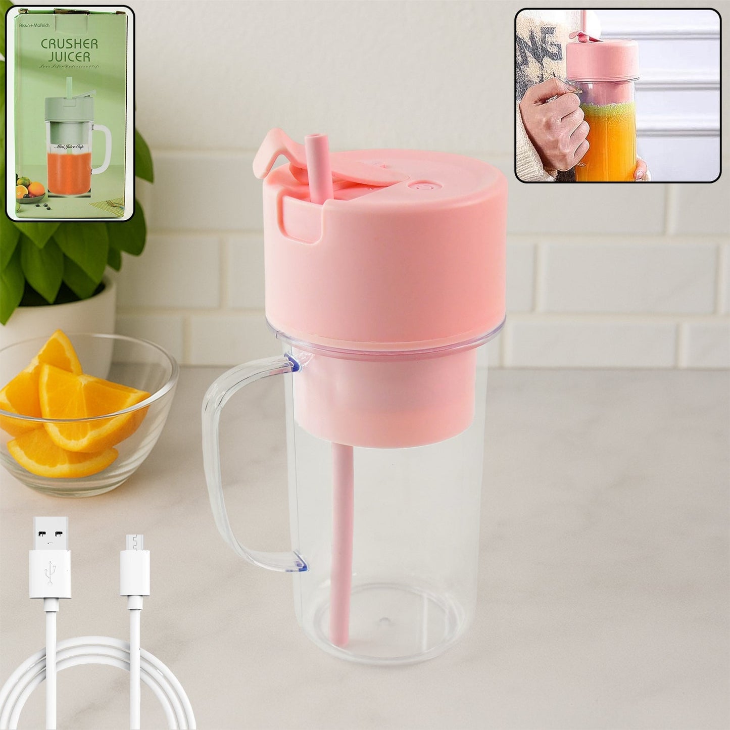 Portable Crusher Juicer With Handle & Straw, USB Rechargeable Multi Blades (420 ML) signaturekarts