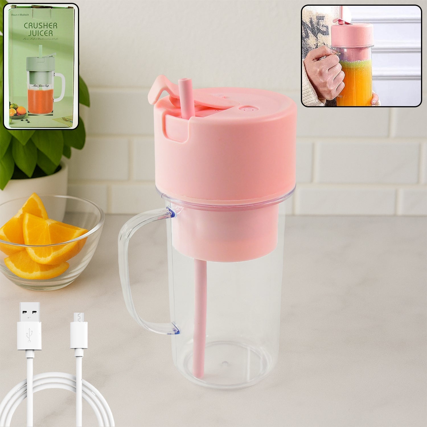 Portable Crusher Juicer With Handle & Straw, USB Rechargeable Multi Blades (420 ML) signaturekarts