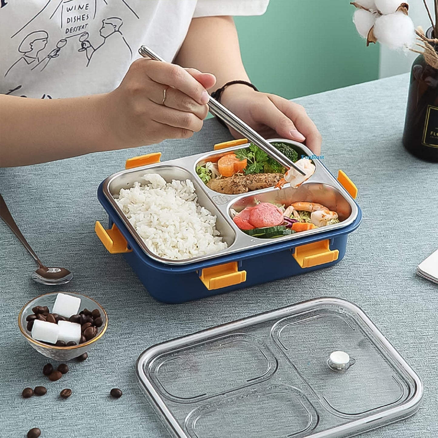 3 Compartment Transparent Stainless Steel Lunch Box with Spoon & Chopsticks (1 Set) Signaturekarts
