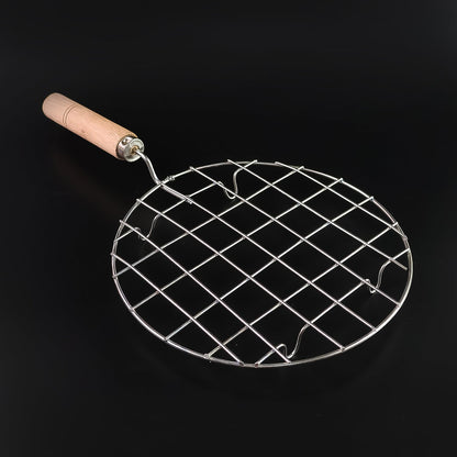 Kitchen Round Stainless Steel Roaster Papad Jali, Barbecue Grill with Wooden Handle Signature Kart