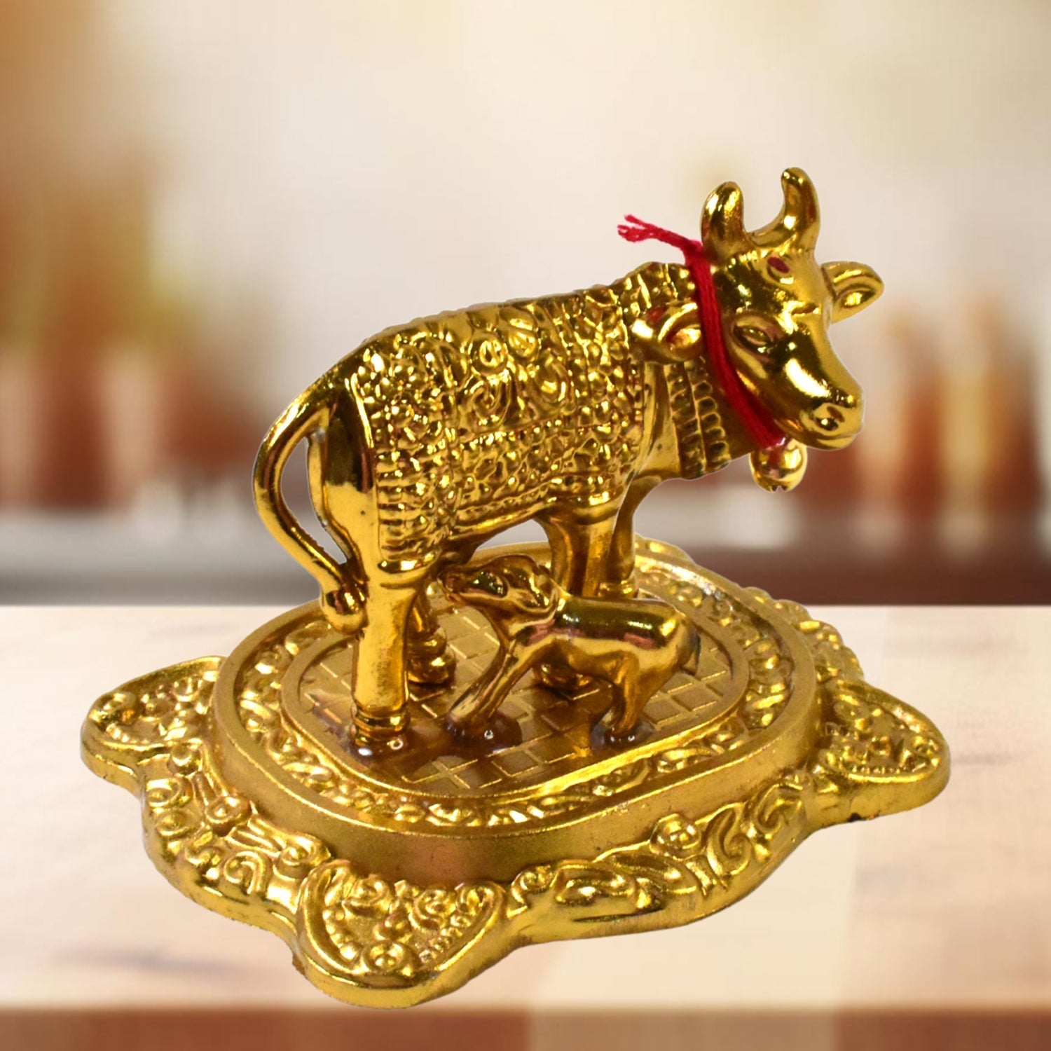 Metal Golden Kamdhenu Cow with Calf (1 Pc) Signature kart