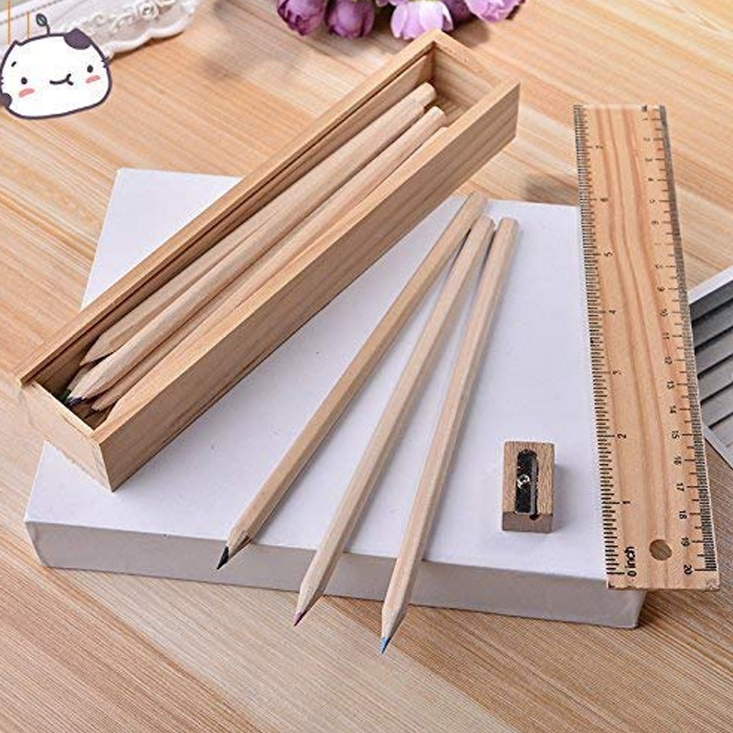 Colorful Wooden Pencil Set with Pencil box, Ruler, Sharpener (12 Pcs Set) signaturekarts