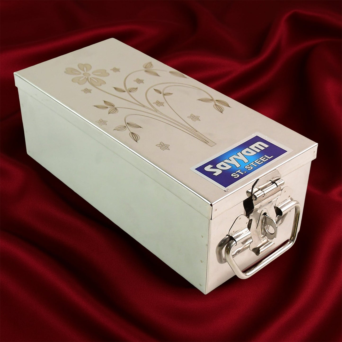 Premium Stainless Steel Velvet Lined Jewellery Storage Box with Lock and Red Interior Signature Kart