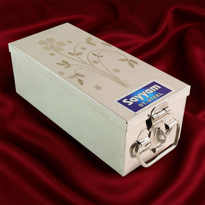 Premium Stainless Steel Velvet Lined Jewellery Storage Box with Lock and Red Interior Signature Kart