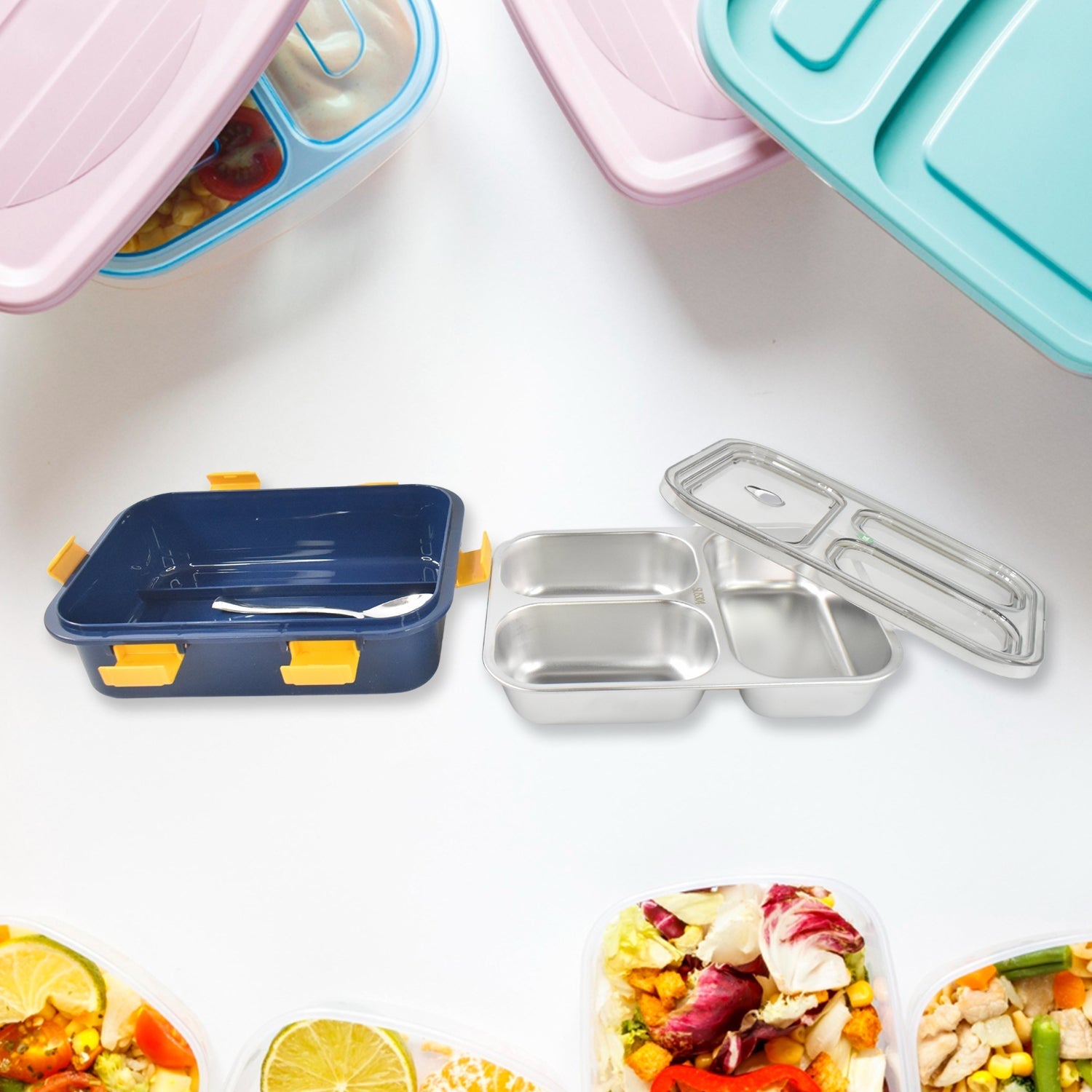 3 Compartment Transparent Stainless Steel Lunch Box for Kids Signature kart