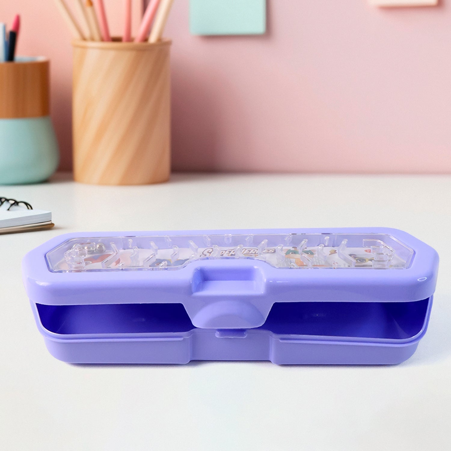 Cartoon Character Printed Plastic Pencil Box with Built-in Maze Puzzle Game (1 Pc) Signature Kart