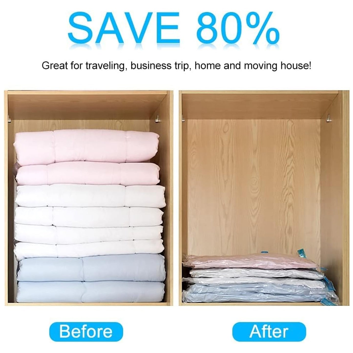 Vacuum Storage Bags with Suction Pump & Shirt clips - Vacuum Bags - Big Capacity Vacuum Seal Bags for Travel Clothes Blankets Pillows, Compression Bags | Space Saver Vacuum Storage Bags (5 Pcs Set) Signature Kart