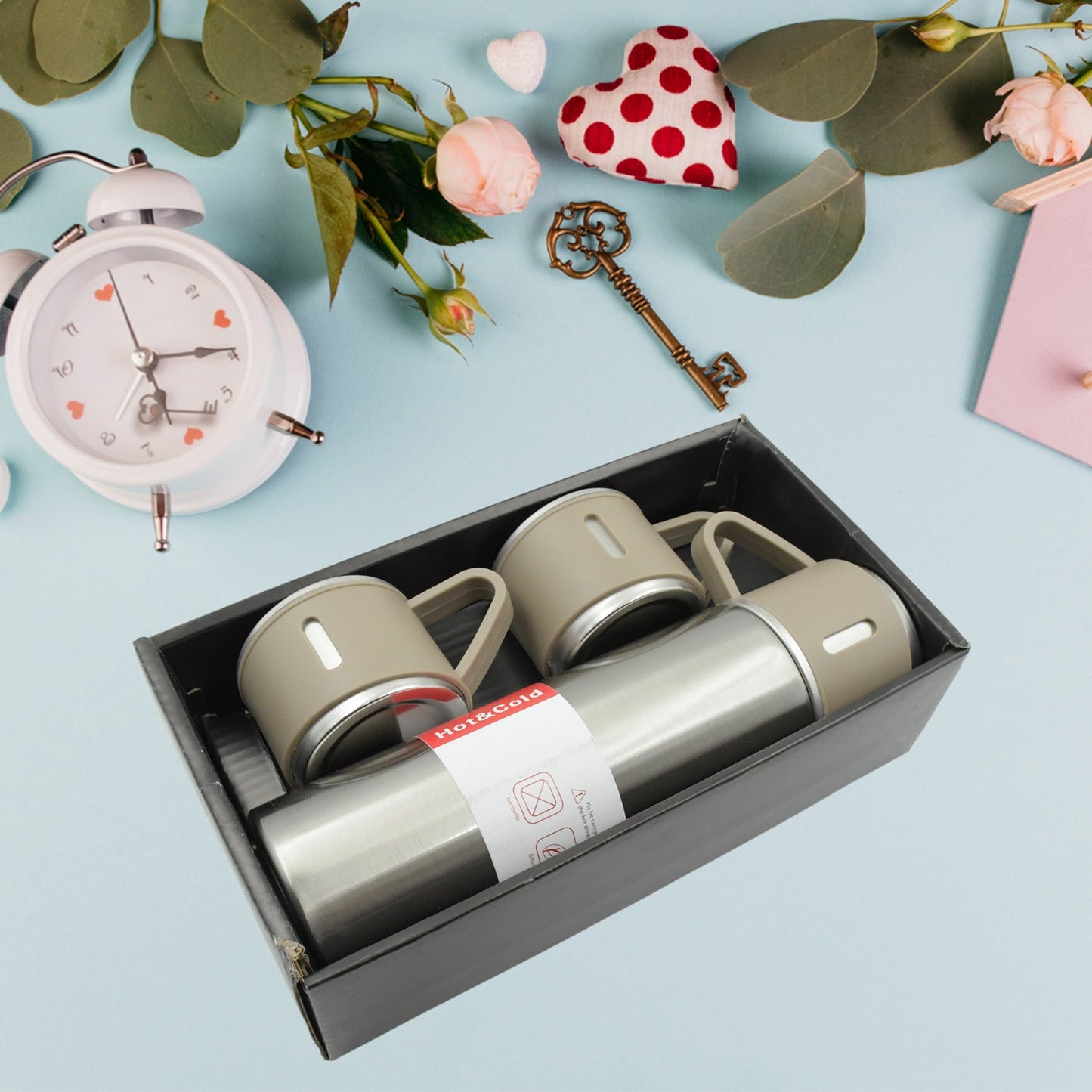 Stainless Steel Vacuum Flask Set with 3 Steel Cups Combo for Coffee Hot Drink and Cold Water Flask Ideal Gifting Travel Friendly Latest Flask Bottle. (500ml) Signature Kart